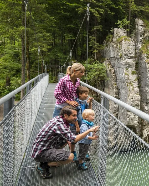 Family with two kids enjoying view from suspension bridge over river in mountain forest
